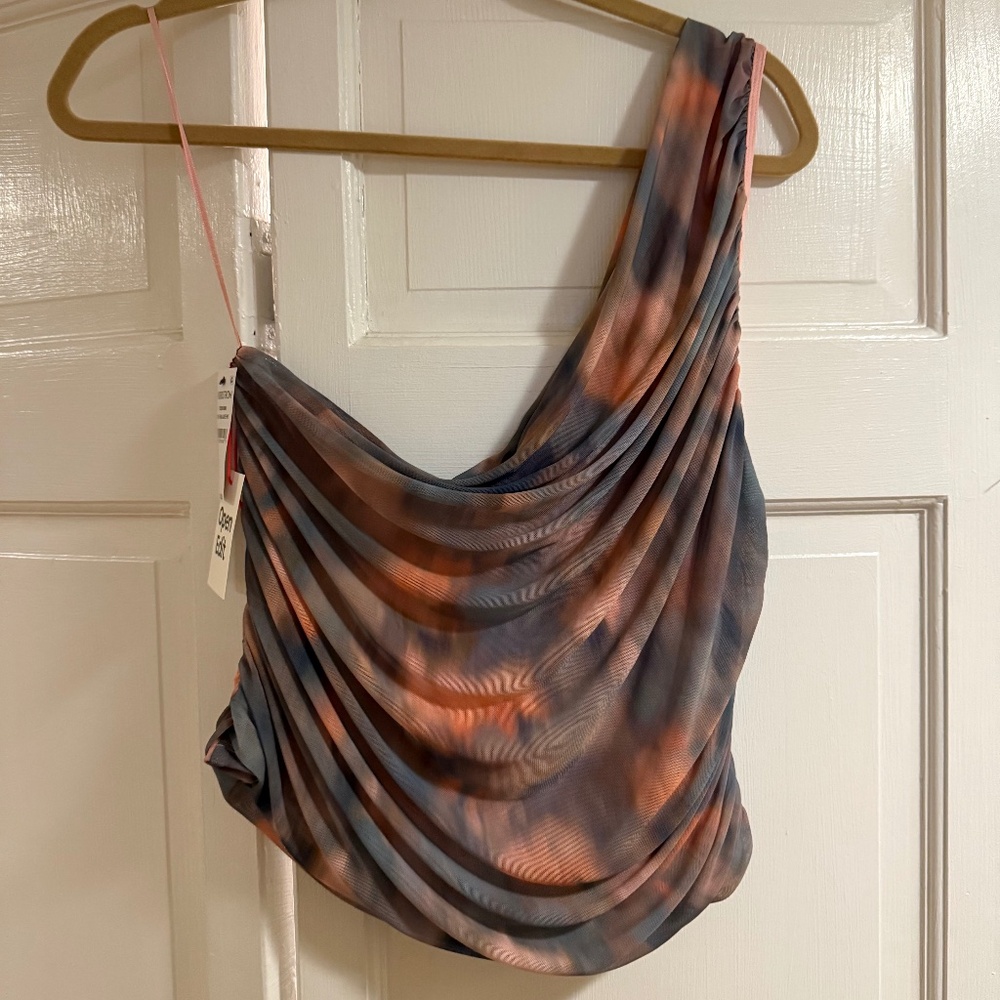 Open Edit Grey & Pink Mesh One-Shoulder Tank Top